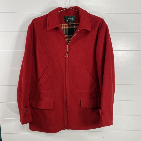 Lauren Ralph Lauren Jacket Womens Large Red Wool Plaid Lined Full Zip Barn Coat - Picture 1 of 16